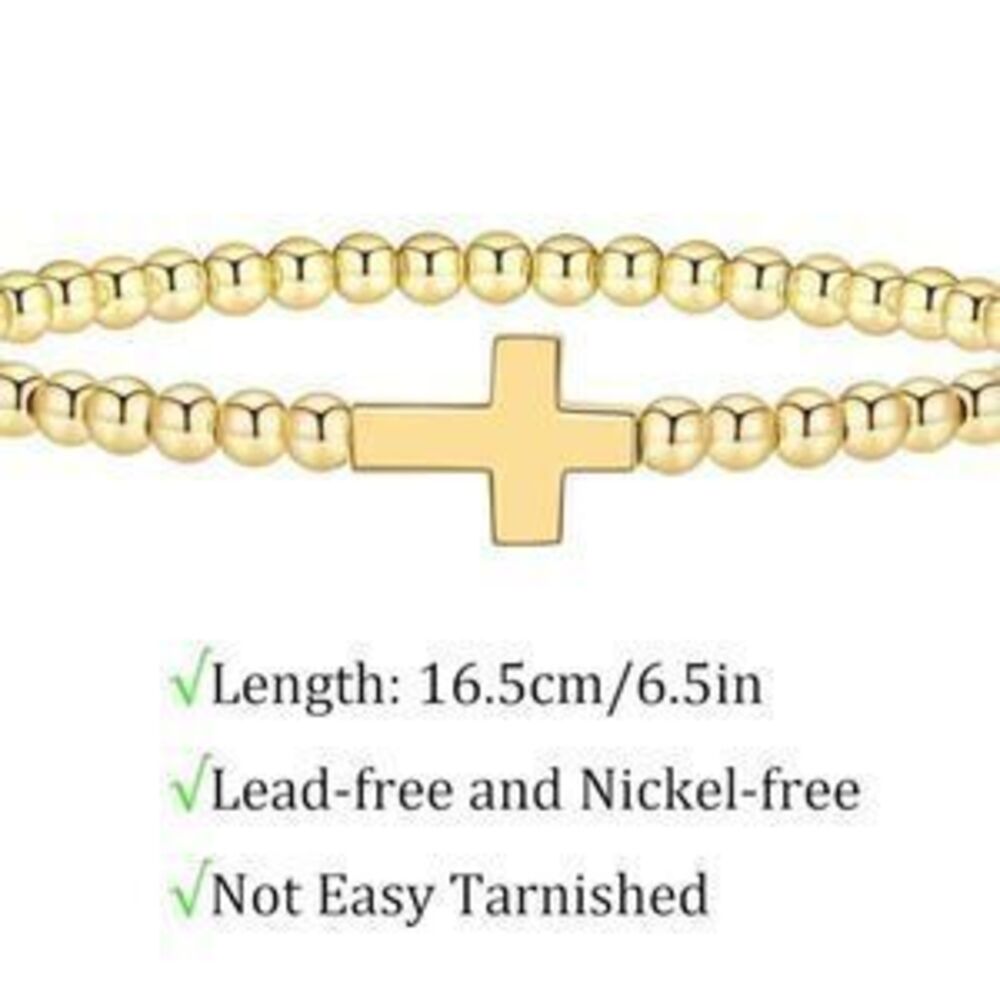 NEW?14K Gold Plated Gold Beaded Cross Bracelet